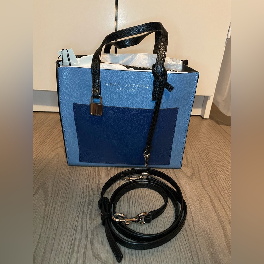 Marc Jacobs Grind Mini Colorblock Leatheher Tote Crossbody Bag Blue Heaven Multi